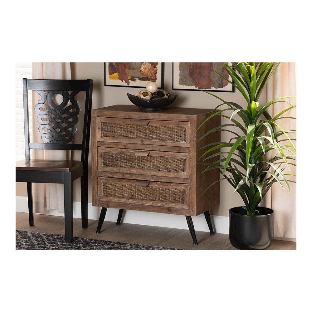 Whitewashed Natural Brown Finished Wood and Rattan 3-Drawer Storage Cabinet