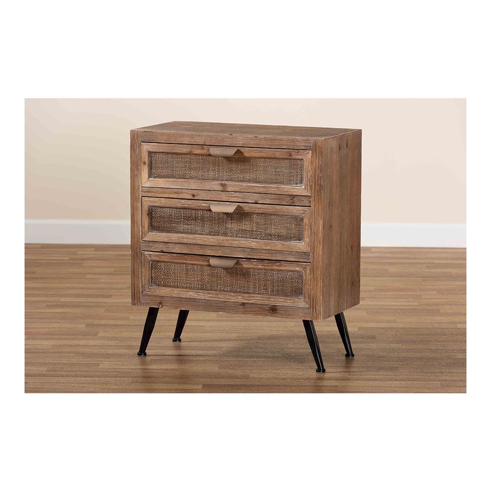 Whitewashed Natural Brown Finished Wood and Rattan 3-Drawer Storage Cabinet