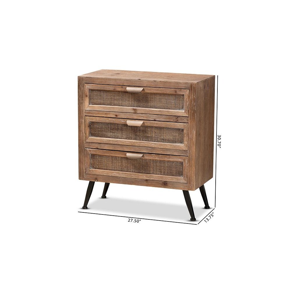 Whitewashed Natural Brown Finished Wood and Rattan 3-Drawer Storage Cabinet