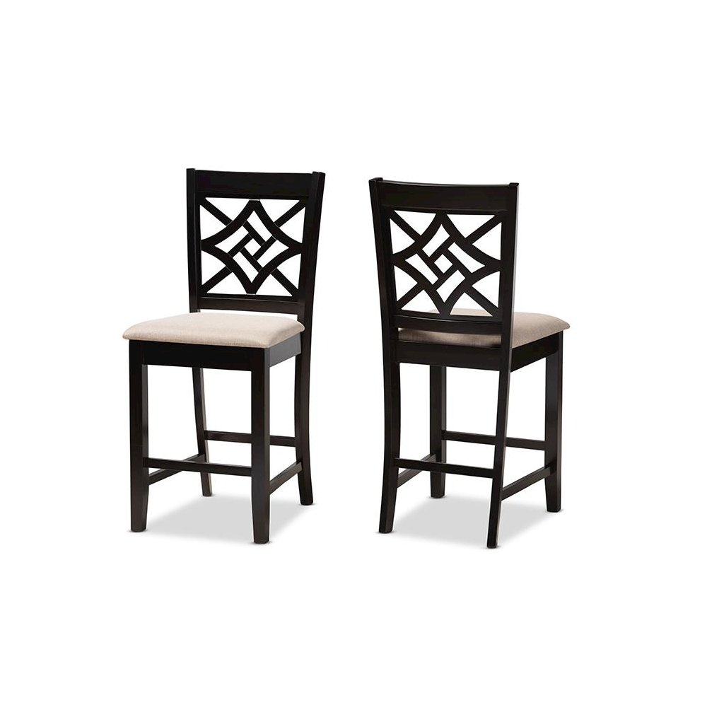 Sand Fabric Upholstered and Dark Brown Finished Wood 2-Piece Counter Stool Set