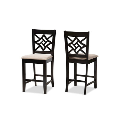 Sand Fabric Upholstered and Dark Brown Finished Wood 2-Piece Counter Stool Set