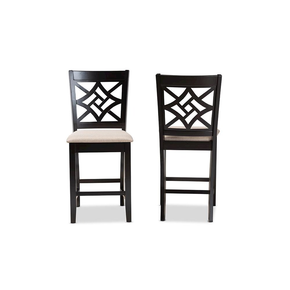 Sand Fabric Upholstered and Dark Brown Finished Wood 2-Piece Counter Stool Set