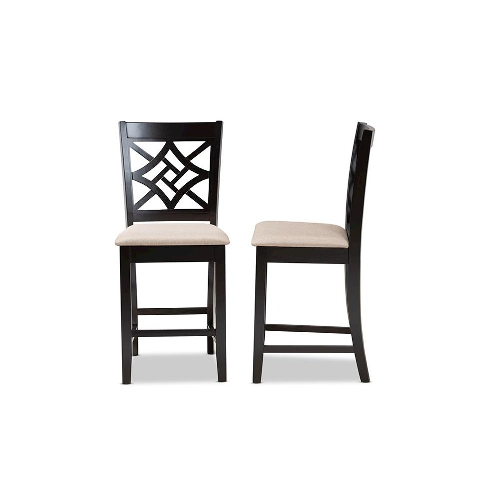 Sand Fabric Upholstered and Dark Brown Finished Wood 2-Piece Counter Stool Set