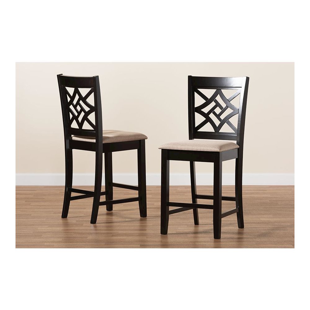 Sand Fabric Upholstered and Dark Brown Finished Wood 2-Piece Counter Stool Set