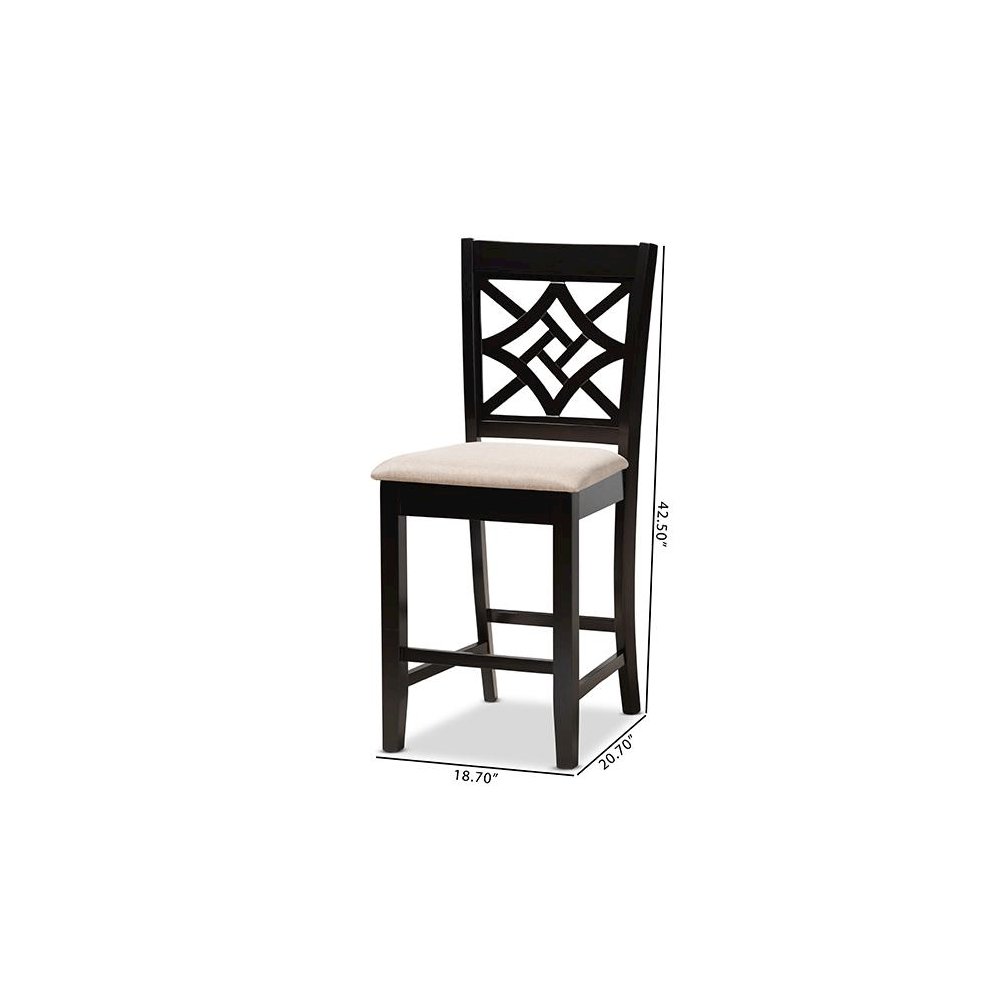 Sand Fabric Upholstered and Dark Brown Finished Wood 2-Piece Counter Stool Set