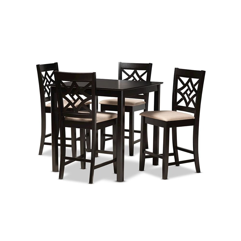 Sand Fabric Upholstered and Dark Brown Finished Wood 5-Piece Pub Set