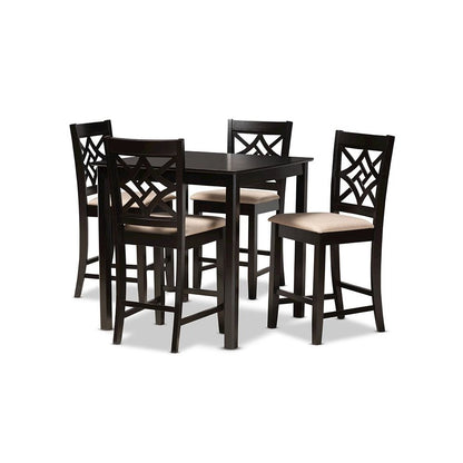 Sand Fabric Upholstered and Dark Brown Finished Wood 5-Piece Pub Set