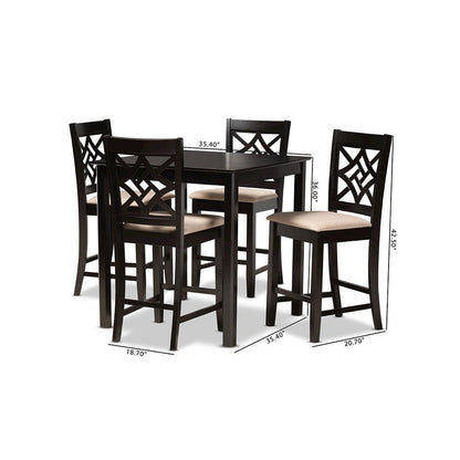 Sand Fabric Upholstered and Dark Brown Finished Wood 5-Piece Pub Set