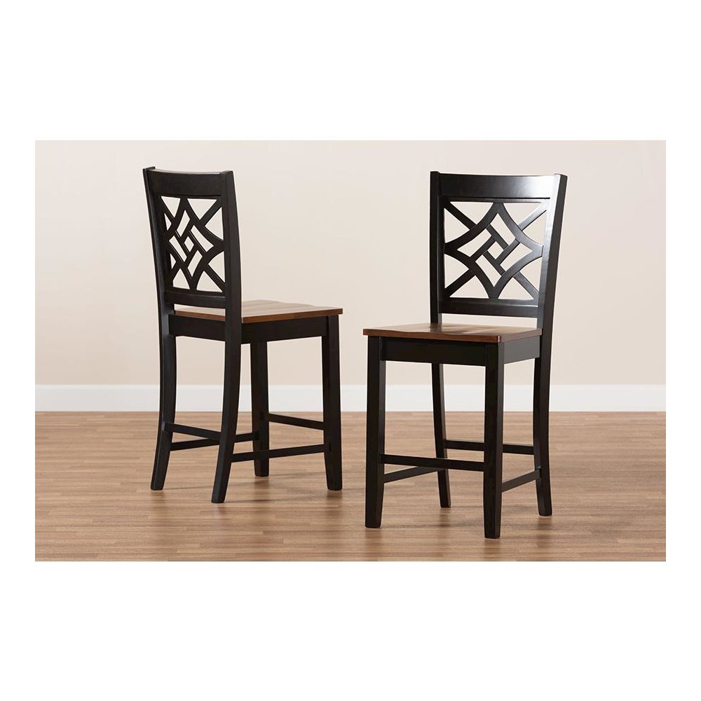 Two-Tone Dark Brown and Walnut Brown Finished Wood 2-Piece Counter Stool Set