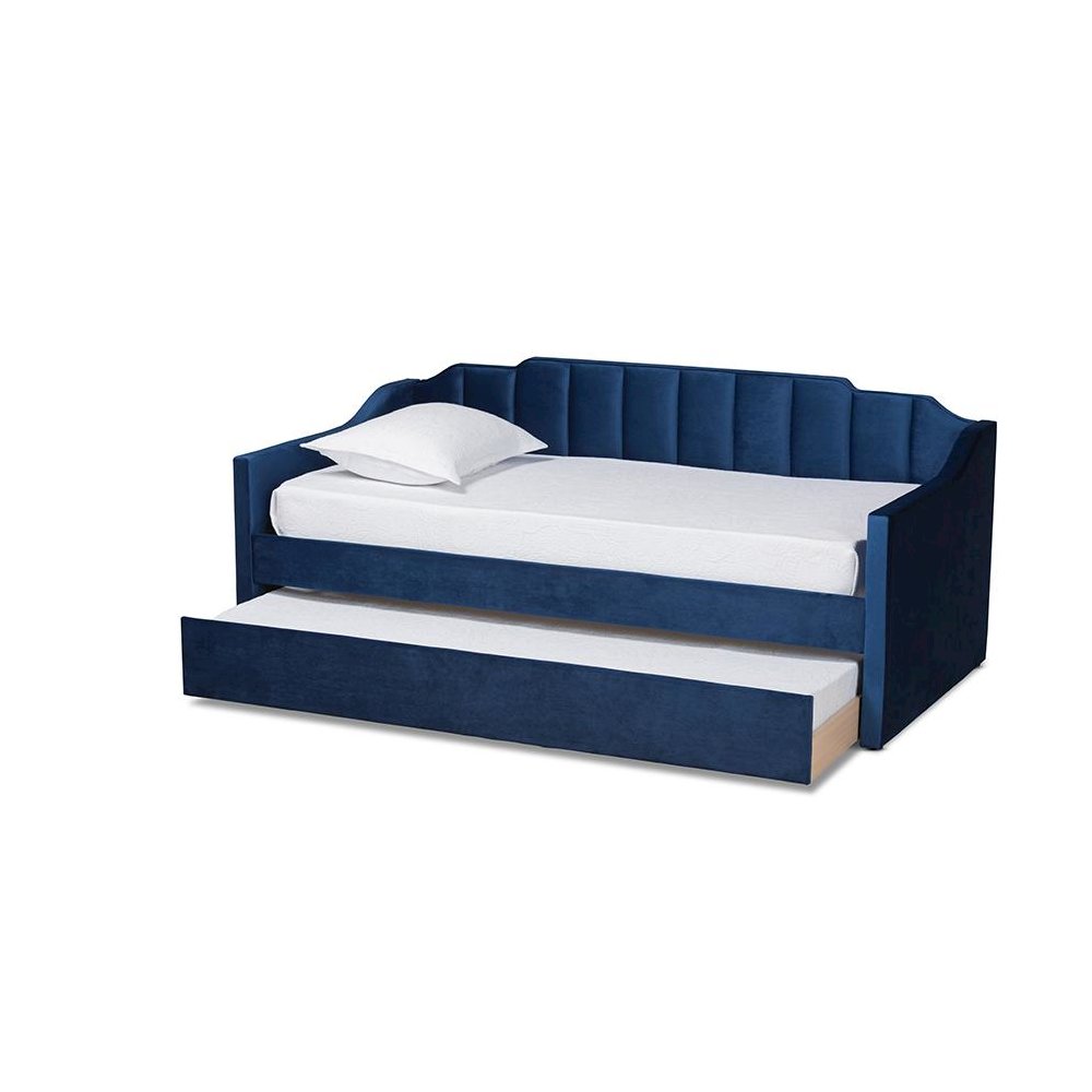 Navy Blue Velvet Fabric Upholstered Twin Size Daybed with Trundle