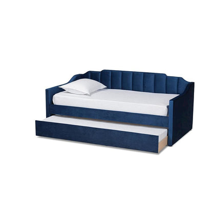 Navy Blue Velvet Fabric Upholstered Twin Size Daybed with Trundle