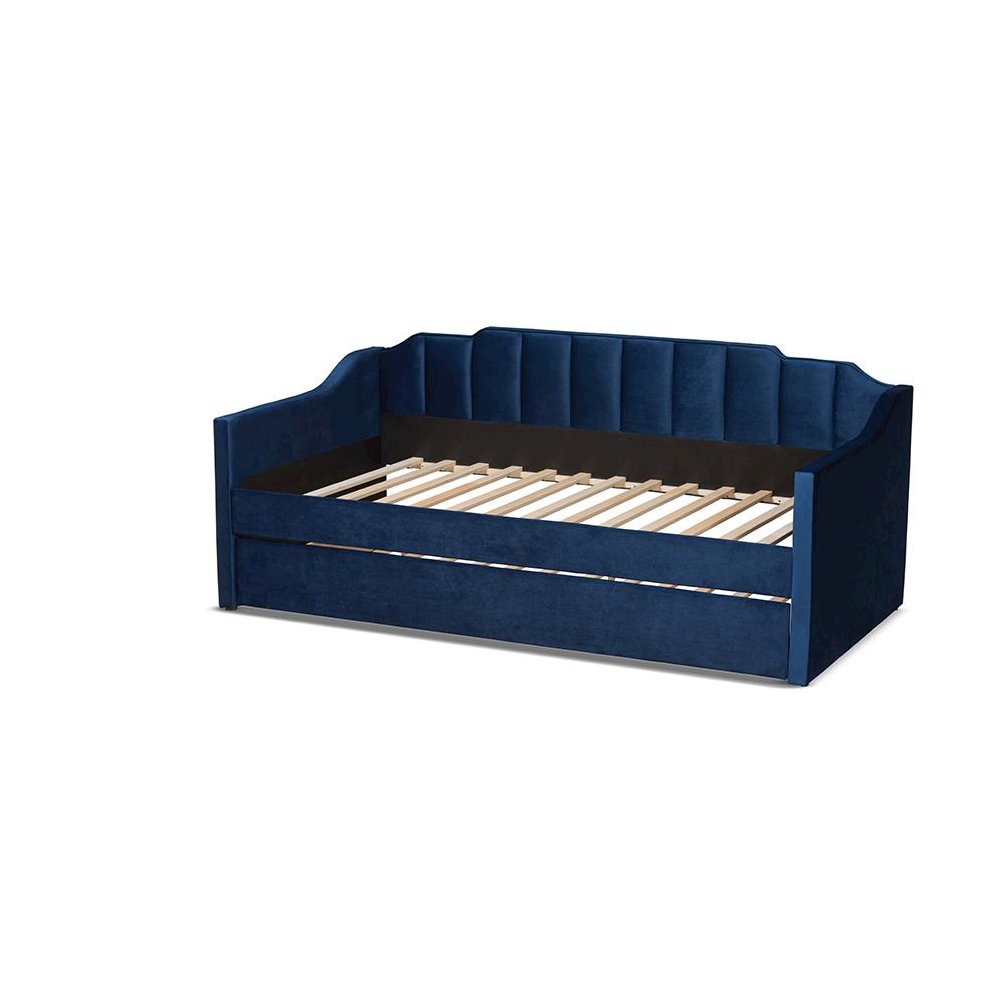 Navy Blue Velvet Fabric Upholstered Twin Size Daybed with Trundle