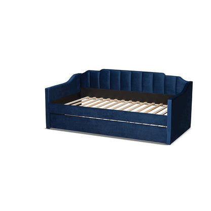 Navy Blue Velvet Fabric Upholstered Twin Size Daybed with Trundle