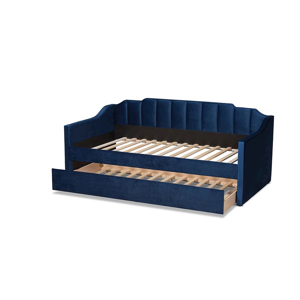 Navy Blue Velvet Fabric Upholstered Twin Size Daybed with Trundle