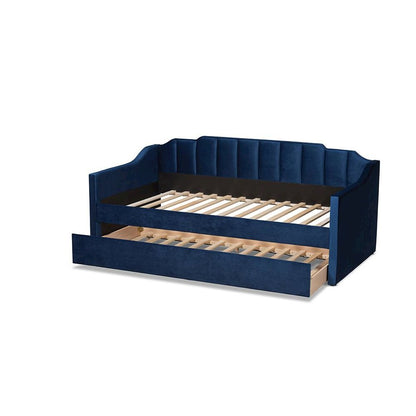 Navy Blue Velvet Fabric Upholstered Twin Size Daybed with Trundle