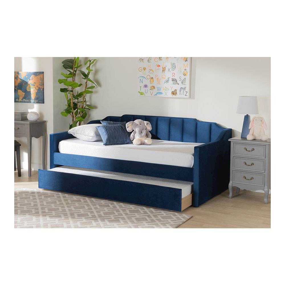 Navy Blue Velvet Fabric Upholstered Twin Size Daybed with Trundle