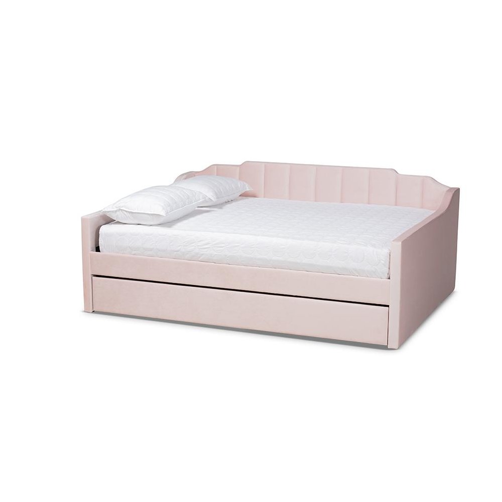 Pink Velvet Fabric Upholstered Full Size Daybed with Trundle