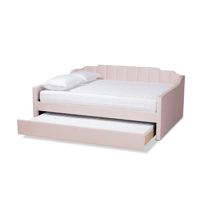 Pink Velvet Fabric Upholstered Full Size Daybed with Trundle