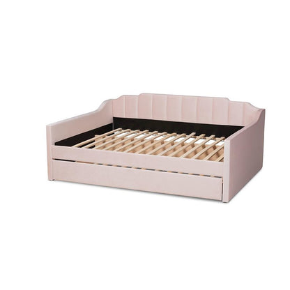 Pink Velvet Fabric Upholstered Full Size Daybed with Trundle