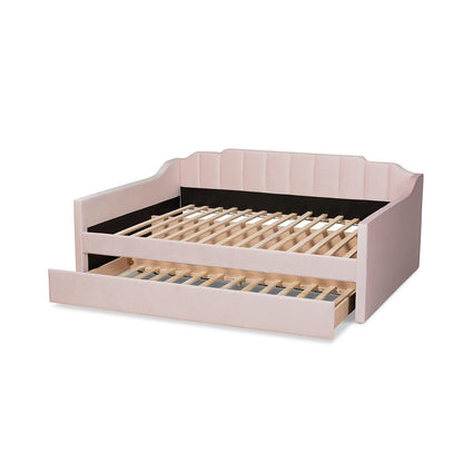 Pink Velvet Fabric Upholstered Full Size Daybed with Trundle