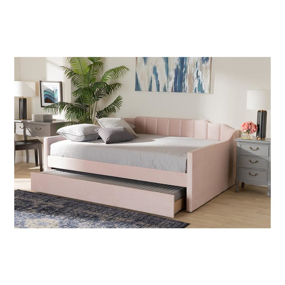 Pink Velvet Fabric Upholstered Full Size Daybed with Trundle