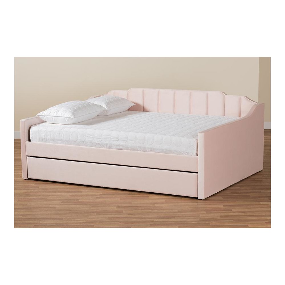 Pink Velvet Fabric Upholstered Full Size Daybed with Trundle