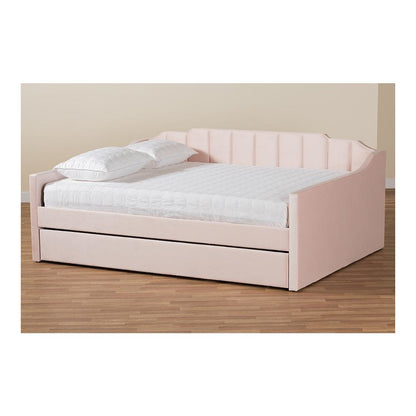 Pink Velvet Fabric Upholstered Full Size Daybed with Trundle