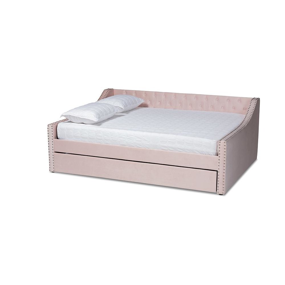 Pink Velvet Fabric Upholstered Full Size Daybed with Trundle