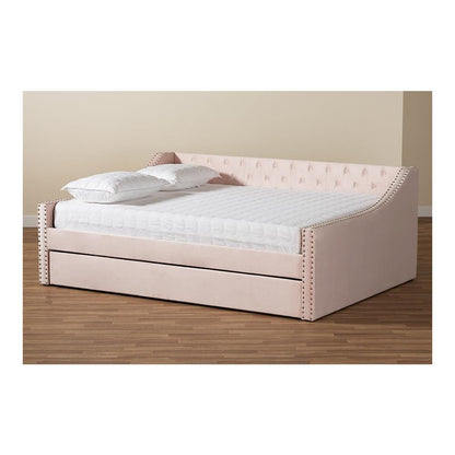 Pink Velvet Fabric Upholstered Full Size Daybed with Trundle