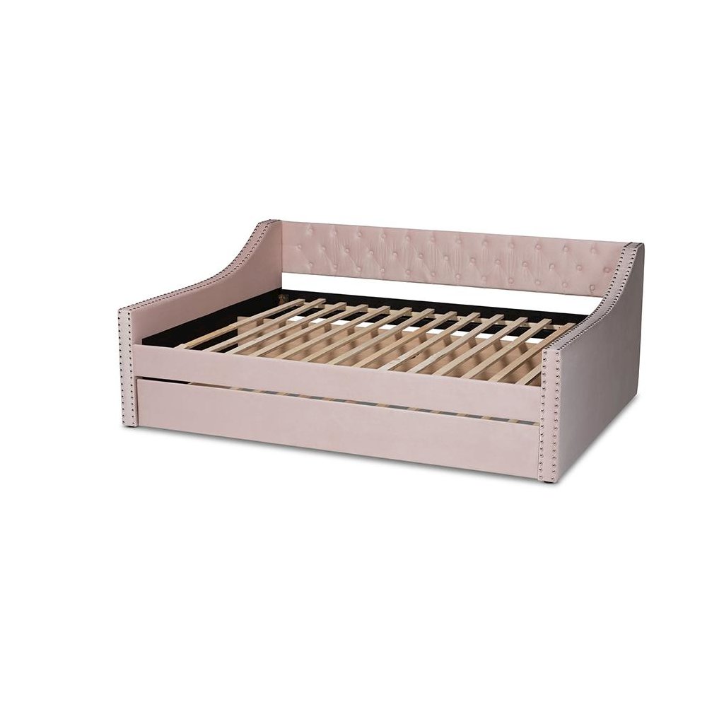Pink Velvet Fabric Upholstered Full Size Daybed with Trundle