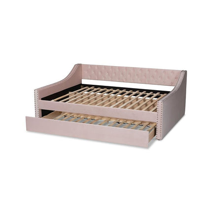 Pink Velvet Fabric Upholstered Full Size Daybed with Trundle
