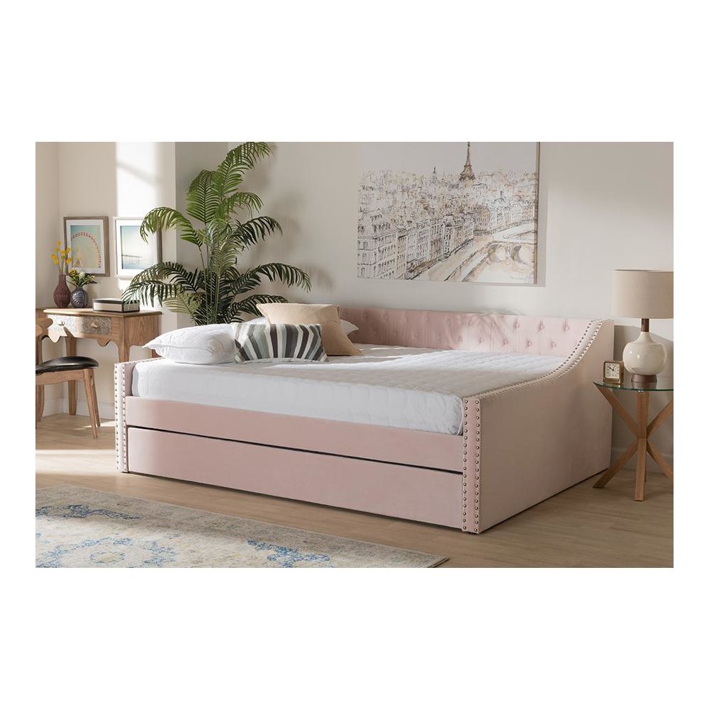 Pink Velvet Fabric Upholstered Full Size Daybed with Trundle