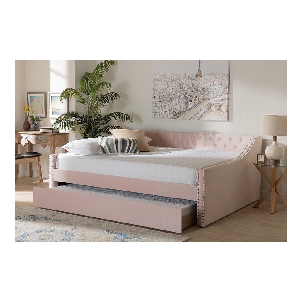 Pink Velvet Fabric Upholstered Full Size Daybed with Trundle