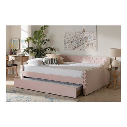 Pink Velvet Fabric Upholstered Full Size Daybed with Trundle