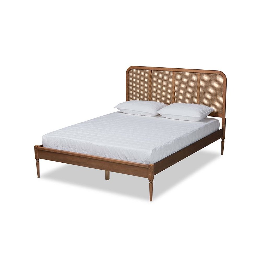 Walnut Brown Finished Wood and Synthetic Rattan Full Size Platform Bed