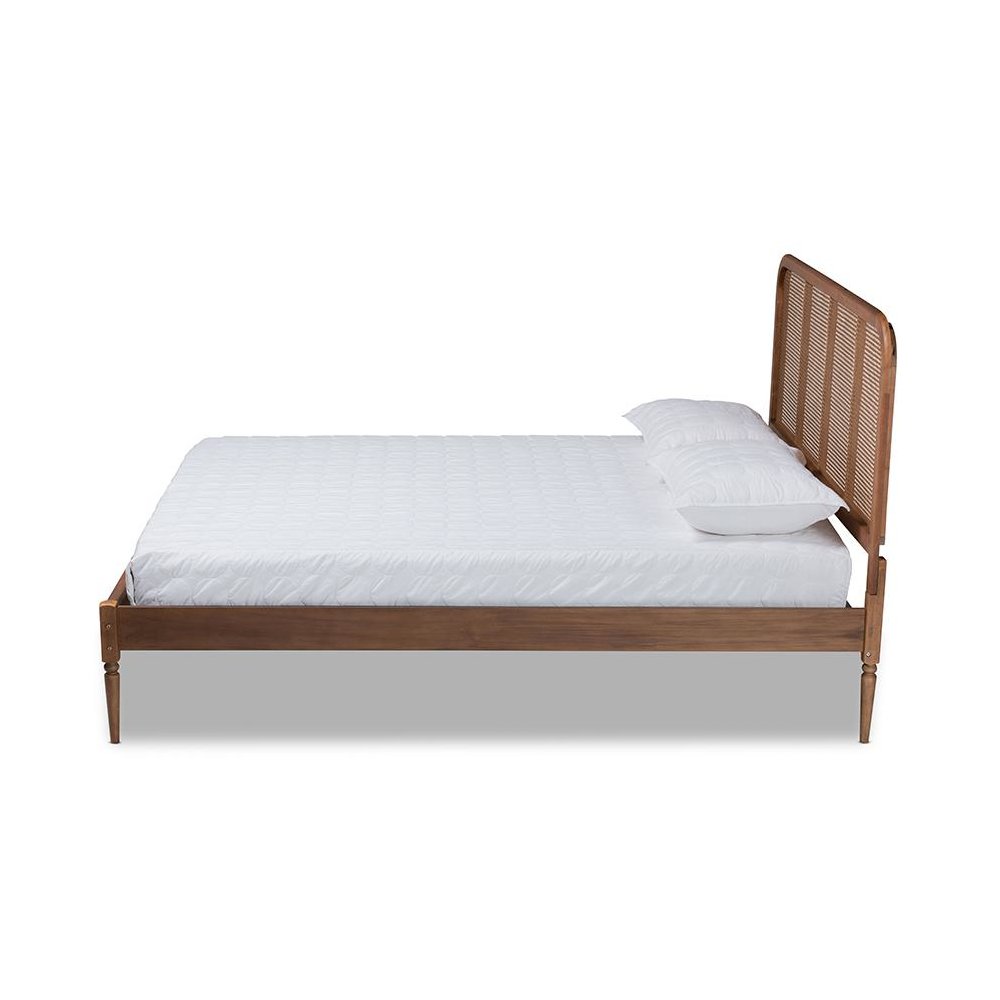 Walnut Brown Finished Wood and Synthetic Rattan Full Size Platform Bed