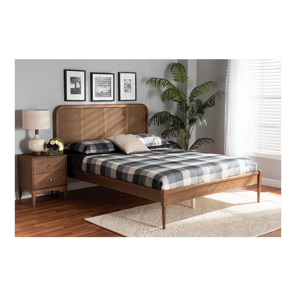 Walnut Brown Finished Wood and Synthetic Rattan Full Size Platform Bed