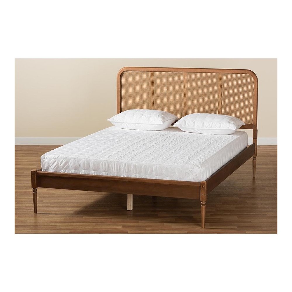Walnut Brown Finished Wood and Synthetic Rattan Full Size Platform Bed