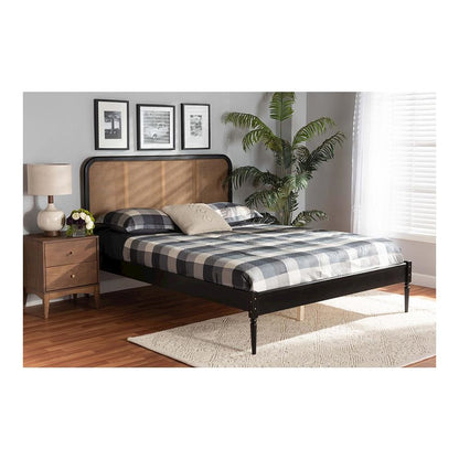 Charcoal Finished Wood and Synthetic Rattan Queen Size Platform Bed