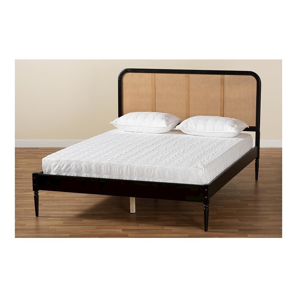 Charcoal Finished Wood and Synthetic Rattan Queen Size Platform Bed