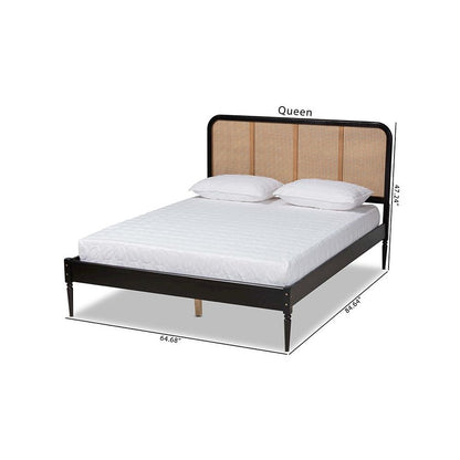 Charcoal Finished Wood and Synthetic Rattan Queen Size Platform Bed