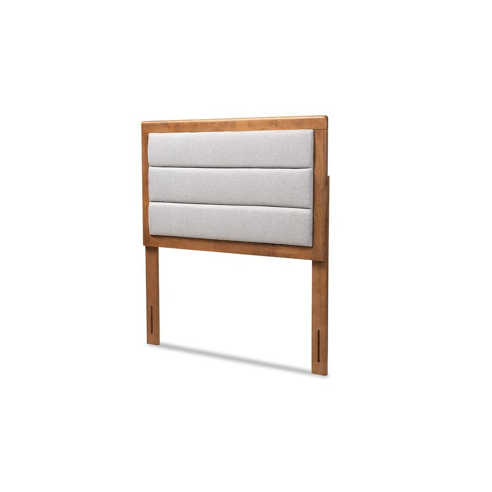 Light Grey Fabric Upholstered and Walnut Brown Finished Wood Twin Size Headboard