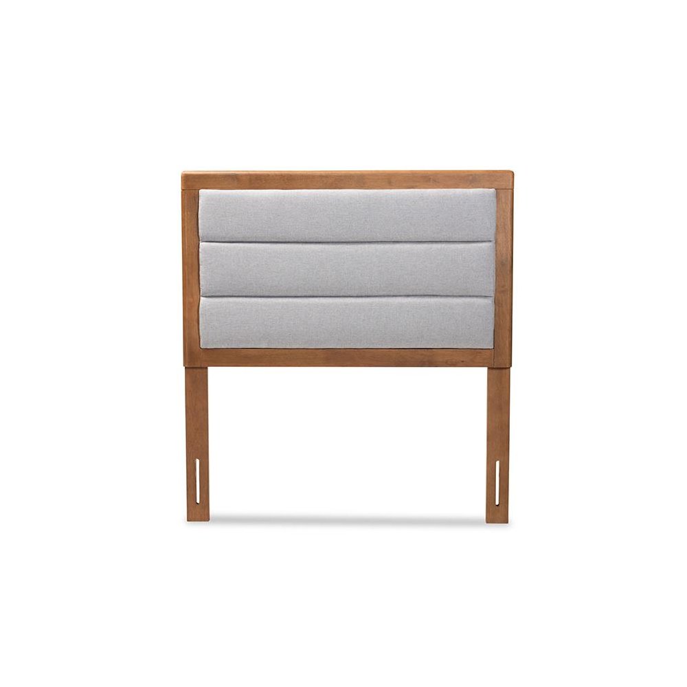 Light Grey Fabric Upholstered and Walnut Brown Finished Wood Twin Size Headboard