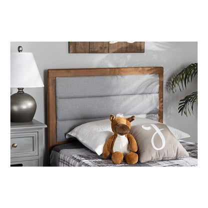 Light Grey Fabric Upholstered and Walnut Brown Finished Wood Twin Size Headboard