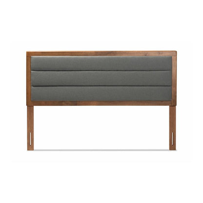 Dark Grey Fabric Upholstered and Walnut Brown Finished Wood Full Size Headboard