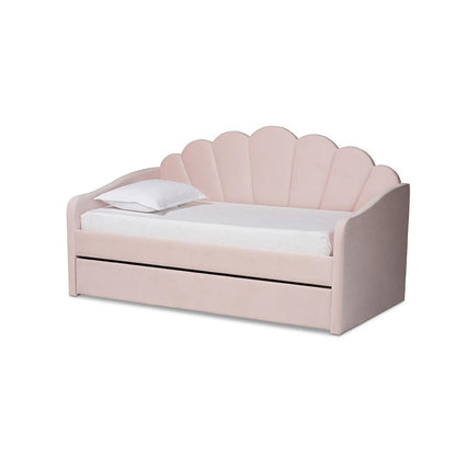 Light Pink Velvet Fabric Upholstered Full Size Daybed with Trundle