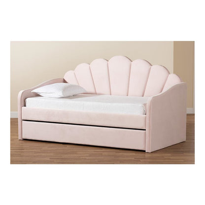Light Pink Velvet Fabric Upholstered Full Size Daybed with Trundle