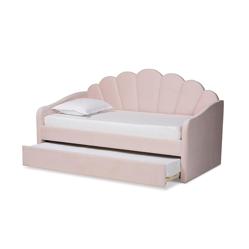 Light Pink Velvet Fabric Upholstered Full Size Daybed with Trundle