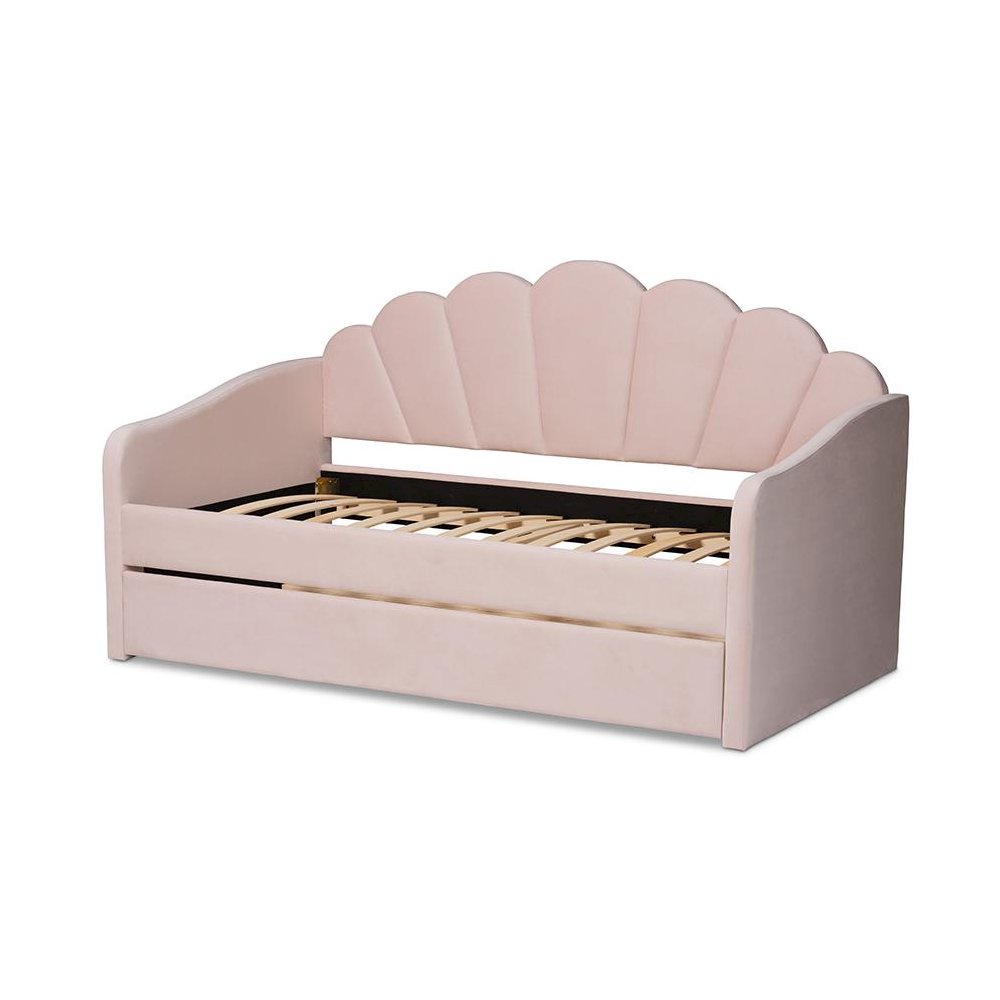 Light Pink Velvet Fabric Upholstered Full Size Daybed with Trundle