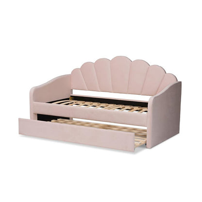 Light Pink Velvet Fabric Upholstered Full Size Daybed with Trundle